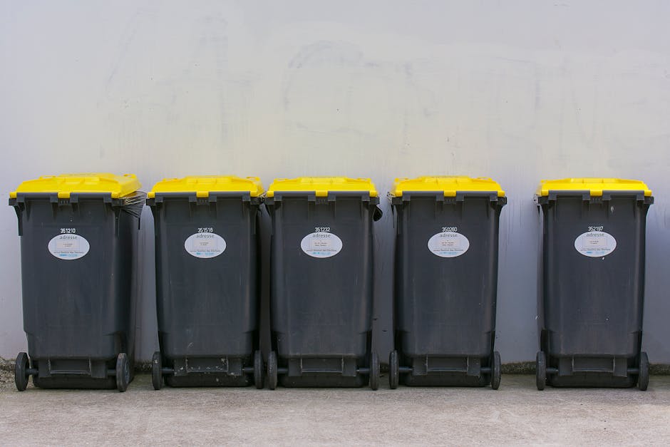 A row of five large wheeled rubbish bins with black bodies and bright yellow lids, positioned side by side on a concrete surface against a plain, light-colored wall. Each bin has an oval white label with black text and identification numbers visible on the front, situated primarily in the middle section of the bins. The bins are aligned neatly, with the wheels at the base touching the ground, and the lids are closed. The environment appears to be an outdoor area such as a driveway or waste collection point, with minimal background detail. The scene is well-lit with natural lighting, emphasizing the uniformity and clean condition of the bins, which are likely used for private waste disposal or alternative rubbish collection services, as operated by Rubbish Collection Bromley.